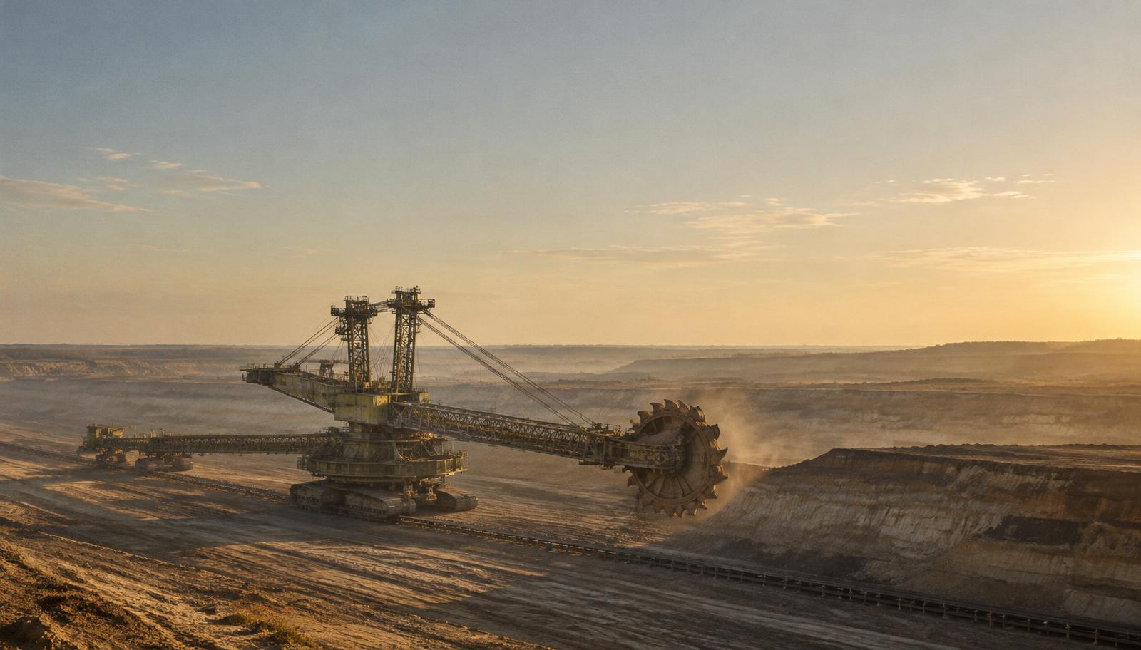 En bucket-wheel excavator, världens största grävmaskin, gräver i ett dagbrott i kvällsljus.